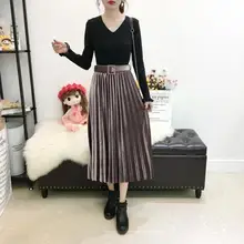 Женская Осенняя зимняя бархатная плиссированная юбка в стиле ампир, эластичная лента, высокая талия, длинная юбка, Дамская Теплая юбка макси с поясом