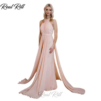 

Real Rill Halter Prom Dresses Split Floor Length Zipper Up Back A-Line Gown With Ribbon Chiffon Long Party Dress