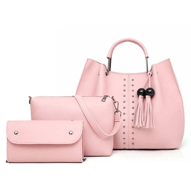 CONEED Женская модная простая сумка из трех предметов, однотонная кожаная сумка на плечо, Сумка с цепочками, сумка для женщин, Большая вместительная сумка, 14 августа - Цвет: Pink