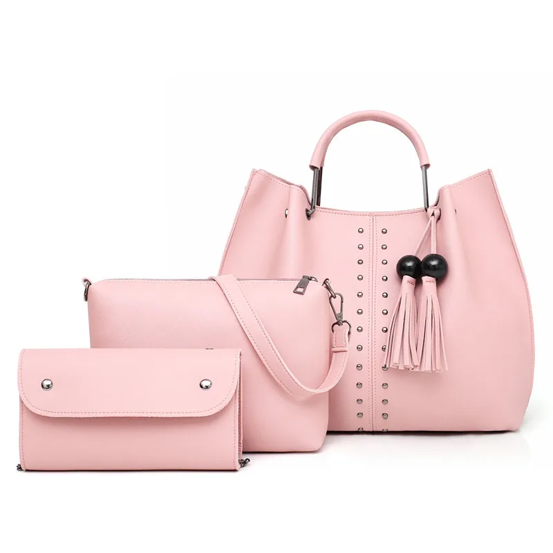 Pink CONEED Женская модная простая сумка из трех предметов, однотонная кожаная сумка на плечо, Сумка с цепочками, сумка для женщин, Большая вместительная сумка, 14 августа - Цвет: Pink