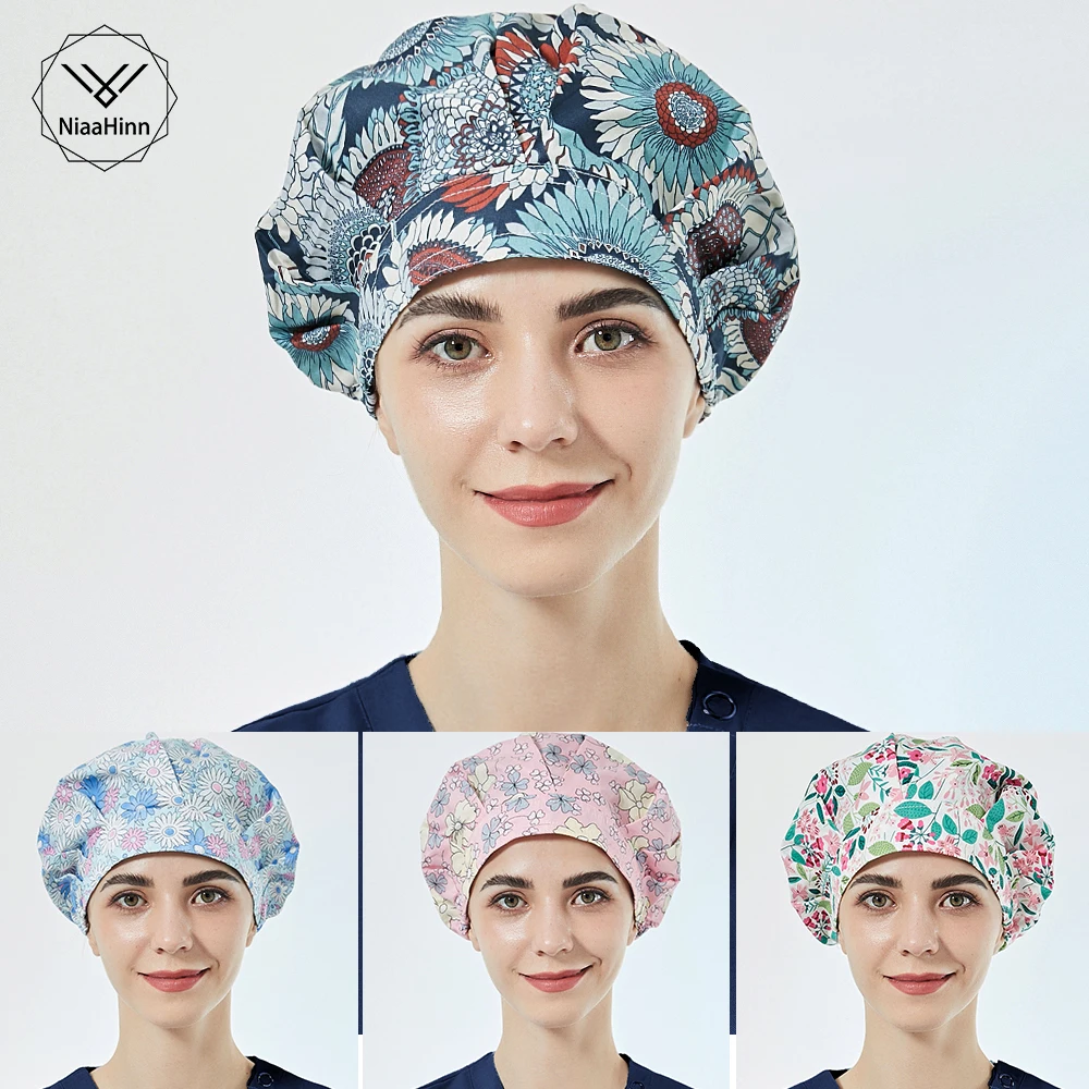Women Scrubs Caps Funny Printed Cotton Sweatband Bouffant Hats