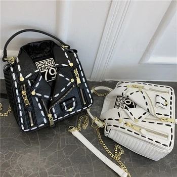 

TekiEssica Designer Leather Zipper Cool Jacket Shaped Punk Motobike Silver Women Handbag Shoulder Bag Mini Crossbody Chain Bag