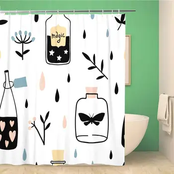 

Bathroom Shower Curtain Witch Magic Cartoon Bottles and Love Potions Elixir Witchcraft 72x72 inches Waterproof Bath Curtain Set