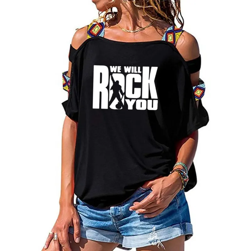 We Will Rock You, женская футболка, летняя, королева рок-группы, футболка, короткий рукав, хлопок, рок-ролл, женские сексуальные топы с открытыми плечами