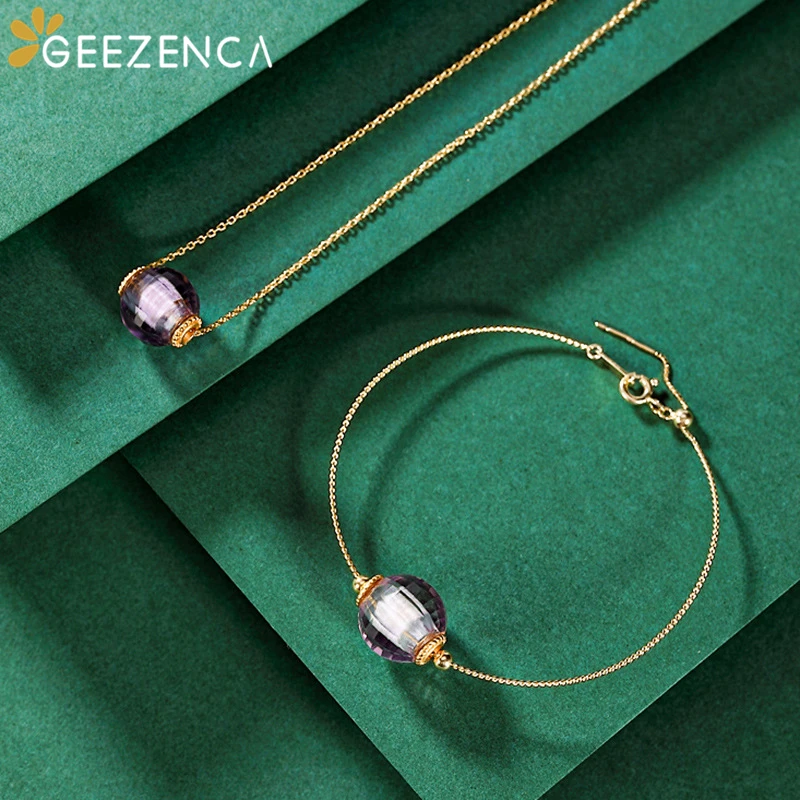 

925 Sterling Silver Gold-plated Amethyst Gemstone Jewelry Sets Geometric Ball Pendant Necklace Bangle Fine Jewelry Women Trendy