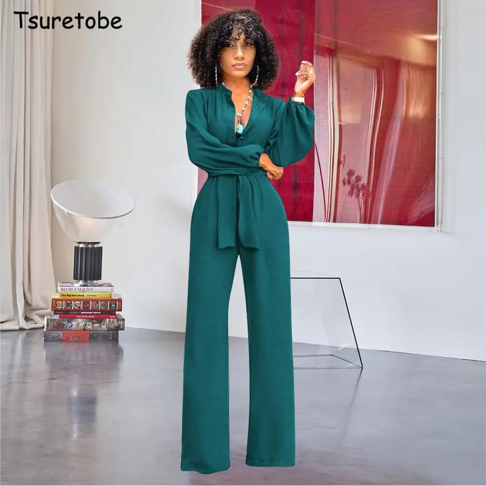 

Tsuretobe Casual Bandage Jumpsuit Wide Leg Pants Women Long Sleeve Rompers Buttons Elegant V-Neck Overalls Sashes Outfits Mujer