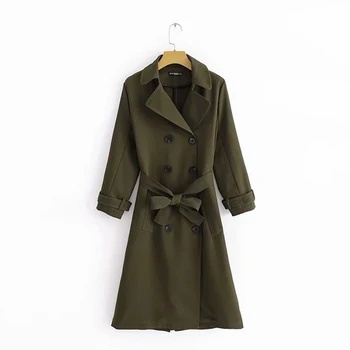 

Woman Green Trench Long Coat Cotton Casual Turn-down Collar Double Breasted Slim Clothes Outwear Autumn New Windbreaker Elegant
