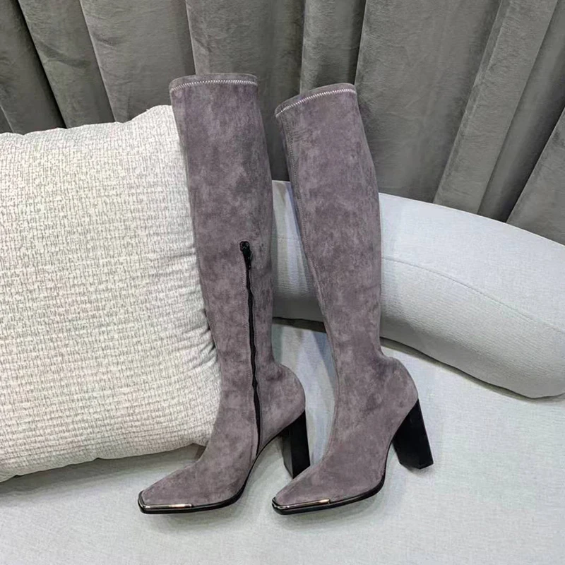 gray suede Стрейчевые сапоги до колена; женские черные кожаные сапоги на высоком каблуке с металлическим квадратным носком; модные женские сапоги В рыцарском стиле - Цвет: gray suede