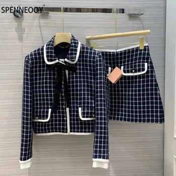 

SPENNYMOOR Designer Brand Autumn Winter Vintage Plaid Skirt Suit Women Fashion Long Sleeve Coat + Skirt Wool 2 Piece Set
