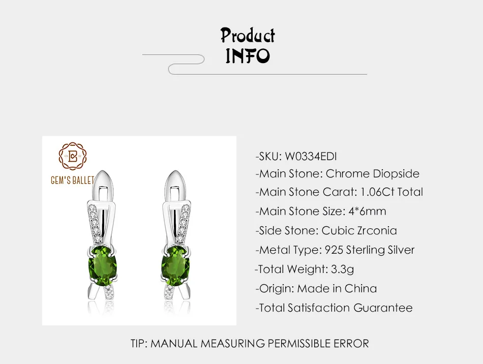 GEM'S балетные 925 пробы серебряные модные серьги 1.06Ct натуральный хром диопсид драгоценный камень клипсы для женщин хорошее ювелирное изделие