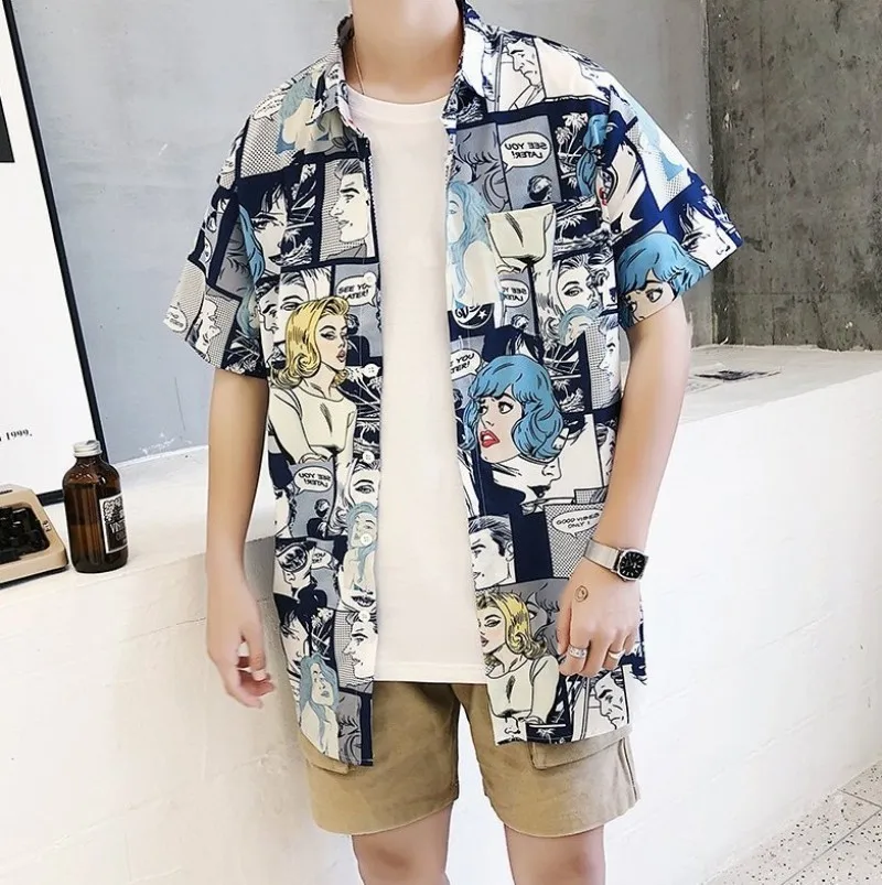 High Street Summer Mens Short Sleeve Cartoon Printing Top Shirts Korean Fashion Casual Slim Single Breasted Open Stitch Shirts