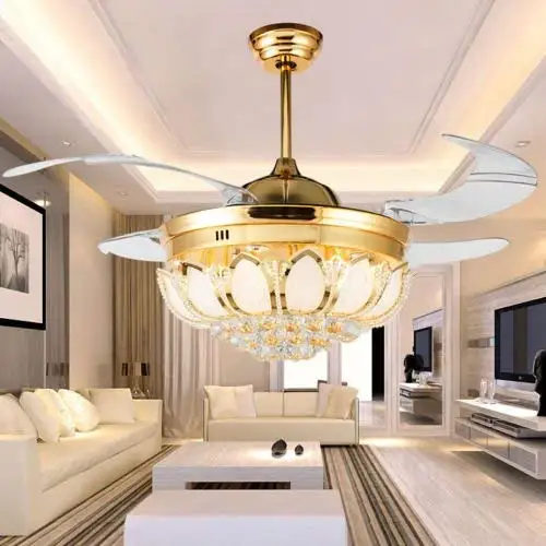 

42” Crystal Ceiling Fan Light with Retractable Blades Remote Control LED Chandelier Fan 3 Speeds 3 Colors Changes Lighting