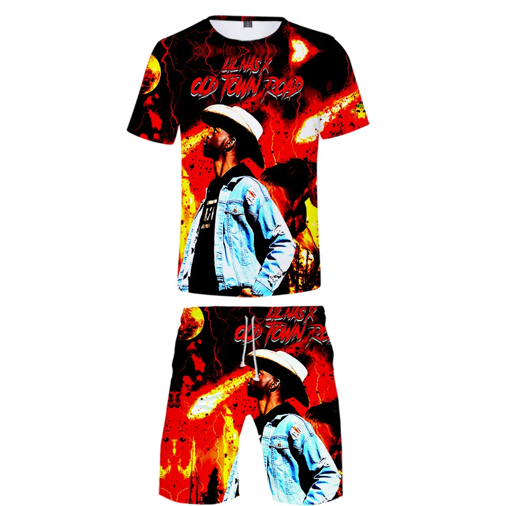 Lil Nas X Harajuku New 3D Casual Cool Man 2 Set Summer Popular Hip Hop Fashion High Street Tshirt Shirt+Short Pants Sets
