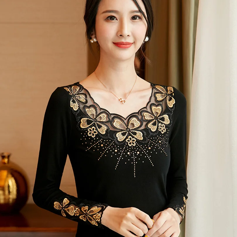 

Autumn fashion women's shirt long-sleeved cotton t shirt women embroidery lace plus size female t-shirt diamond Mesh shirt