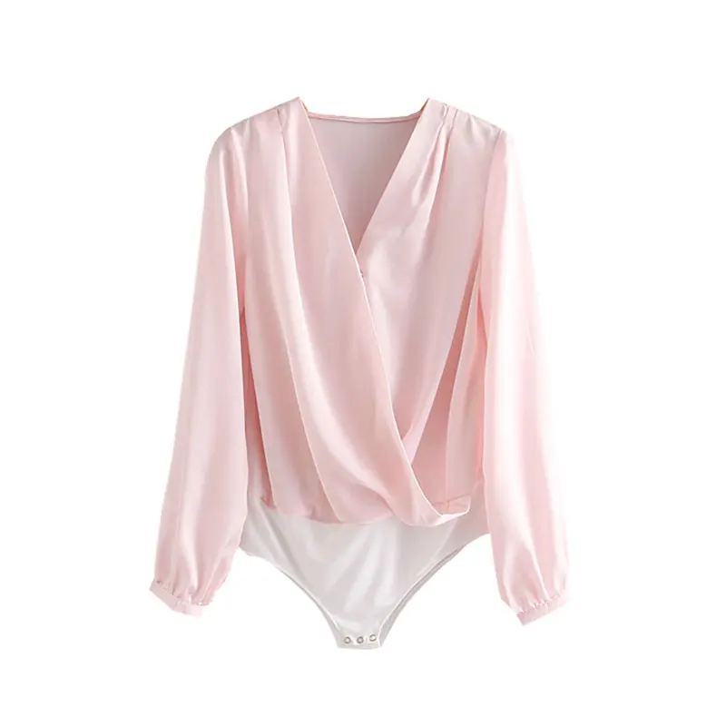 vintage solid cross pleated bodysuits women fashion V neck long sleeve streetwear playsuits casual body femme