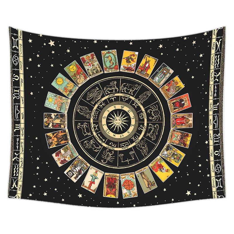 Mandala Tarot Card Tapestry Wheel of the Zodiac Astrology Chart & the Major Arcana Tarot Sun and Moon Wall Hanging Home Decor Tapestry Decorations