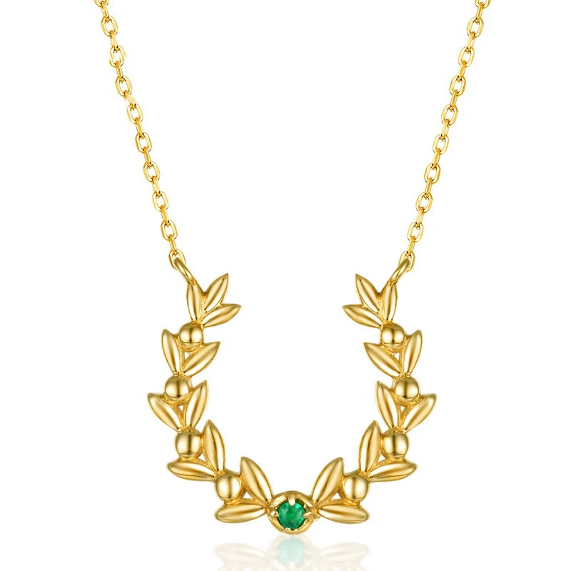 

Luxury Emerald Leaf Vine 14K Real Solid Gold Pendant Charm Necklace Women Female Gothic Elegant Genuine Gemstone Office Jewelry