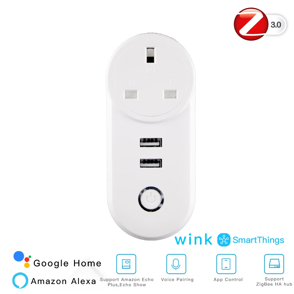 Интеллектуальная розетка ZigBee 3,0 с 2 usb-интерфейсом, дистанционное управление голосовым управлением, работает с SmartThings Wink Echo Plus и большинством Zigbee Hub - Цвет: UK ZigBee 3.0 Socket
