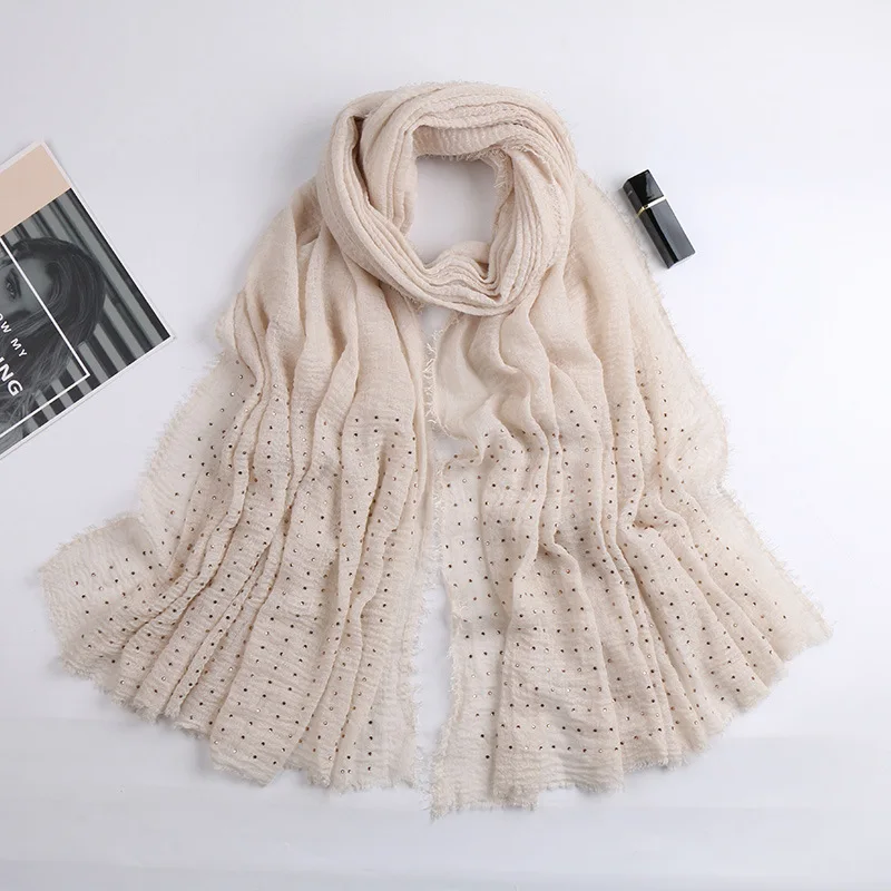 Plain Color Bubble Cotton Maxi Muslim Women Hijab Turban Gold Diamonds Headband Fringe Edges Headscarf Long shawls 180X100CM