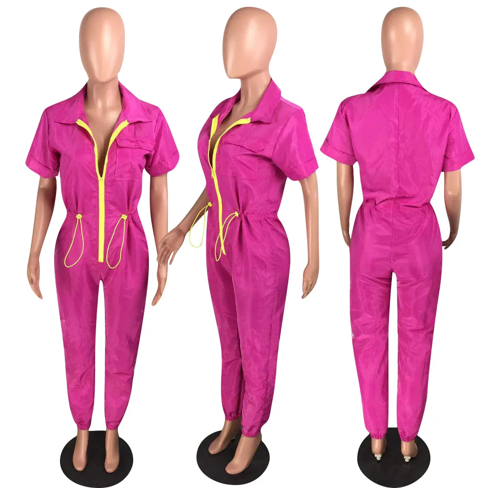 HAOYUAN Casual Short Sleeve Jumpsuit Fall Tracksuit Zip Turn Down Collar Fashion One Piece Outfit Rompers Womens Jumpsuit