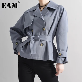 

[EAM] Loose Fit Blue Brief Bandage Big Size Short Jacket New Lapel Long Sleeve Women Coat Fashion Tide Spring 2020 1S25805