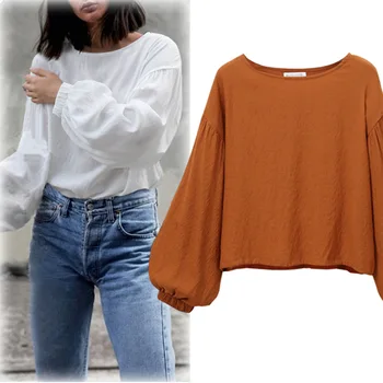 

plus size solid white long sleeve woman t-shirt elegant casual slim lantern sleeve o-neck Korean style female top 90s
