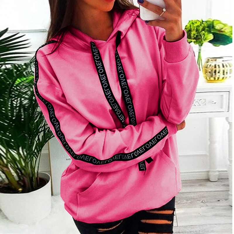 Watermelon Red Новые модные женские свободные спортивные костюмы джемпер осенние женские толстовки с надписью и лентой 5XL размера плюс повседневные толстовки с капюшоном GV784 - Цвет: Watermelon Red