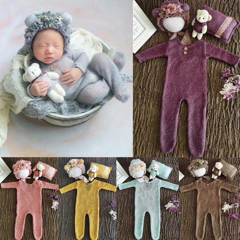 Vetements Pour Bebes Accessoires De Photographie Pour Nouveau Nes Combinaison Bebe Chapeau Oreiller Avec Poupee Ours Mignon Tenues De Prise De Vue 4 Pieces Ensemble Aliexpress