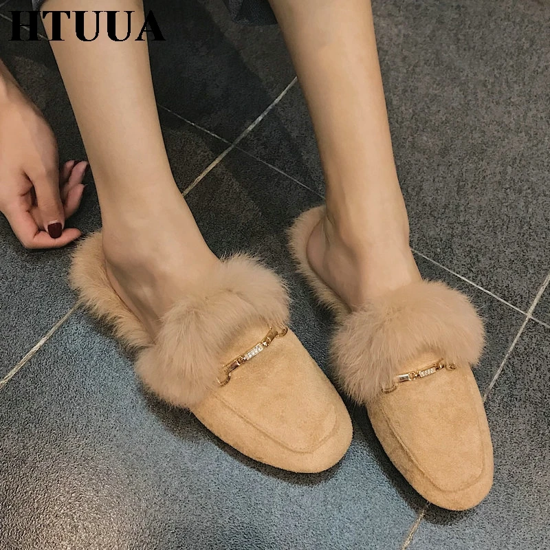 

HTUUA Furry Slippers Women Flat with Mules Shoes Woman Square Toe Metal Buckle Decoration Fur Slides Autumn Winter Slipper S3517