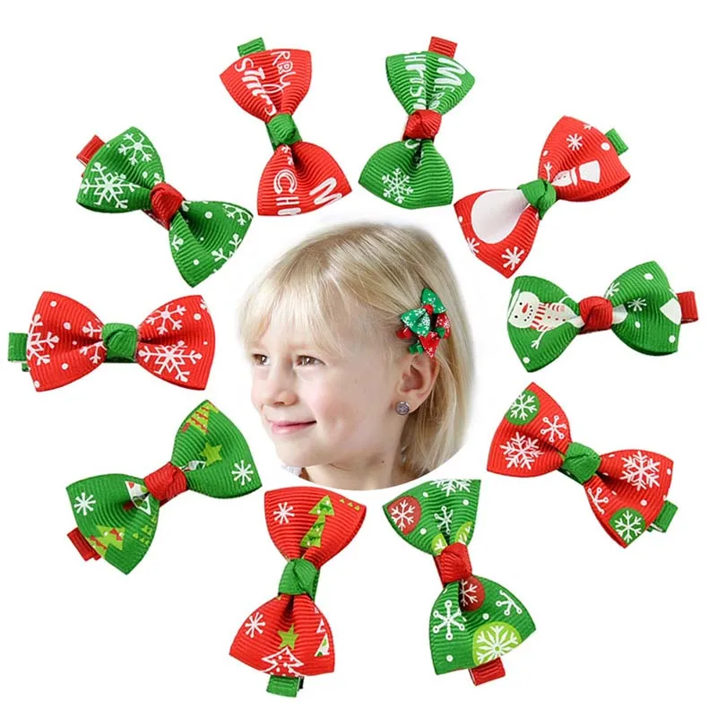 

10 / 20 pcs Christmas Gift Bowknot hair clips Elastic Hair Bands cartoon Santa Snowman Hair barrettes for Little Girl headwears
