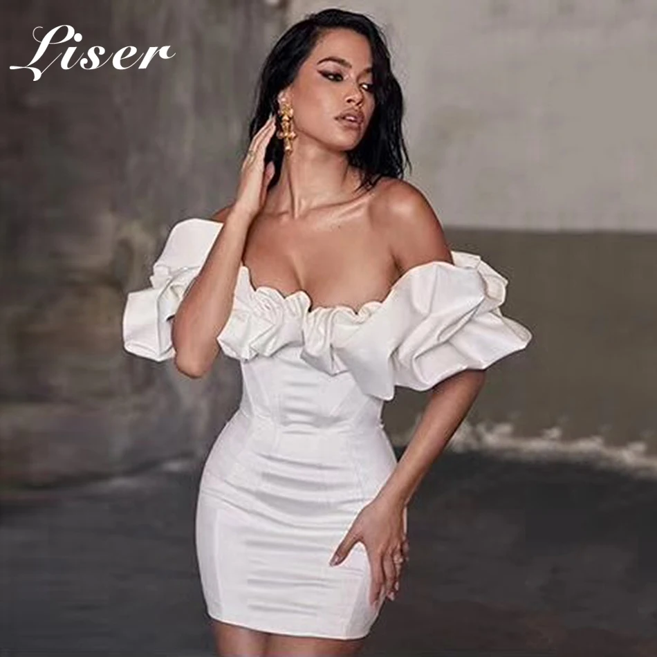 

Liser 2019 New Summer Women Dress Slash Neck Draped Mini Dress Sexy Bodycon Elegant Club Celebrity Party White Dresses Vestidos