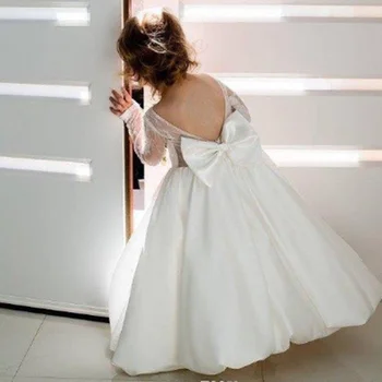 

Ivory White Backless Flower Girl Dress for Wedding Long Sleeves Lace Top Kids Birthday Dress for Little Girls with Bow