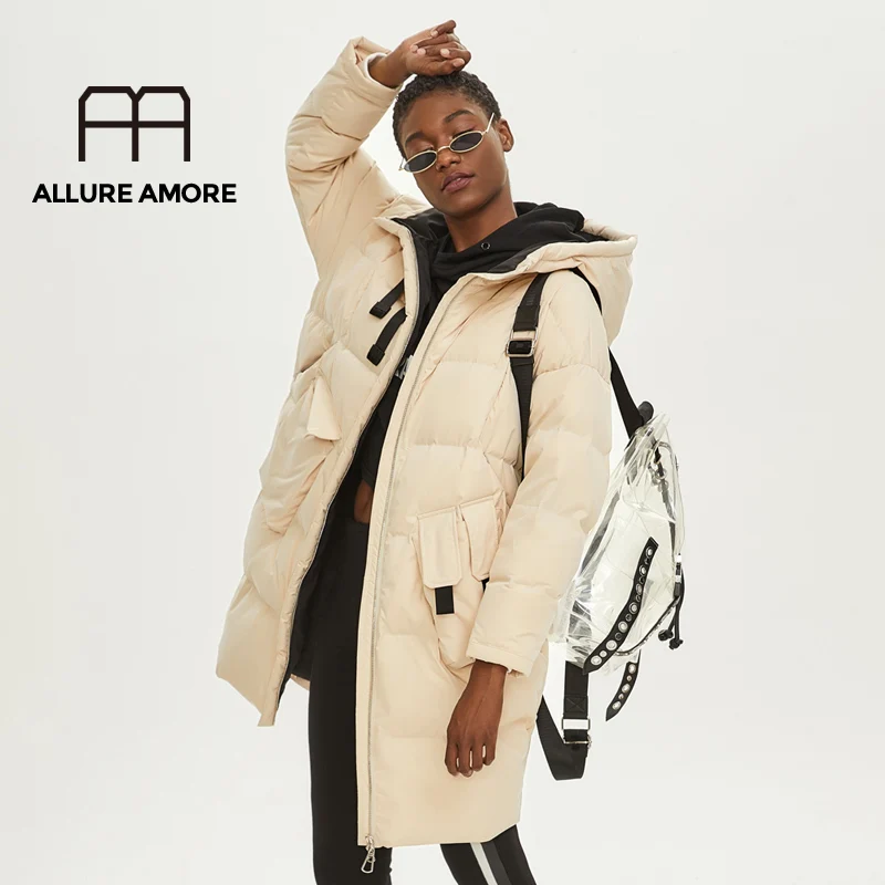 Allure Amore, пуховик на утином пуху, женская зимняя клетчатая куртка, женский пуховик размера плюс, теплый пуховик для женщин, тонкая одежда - Цвет: Ivory
