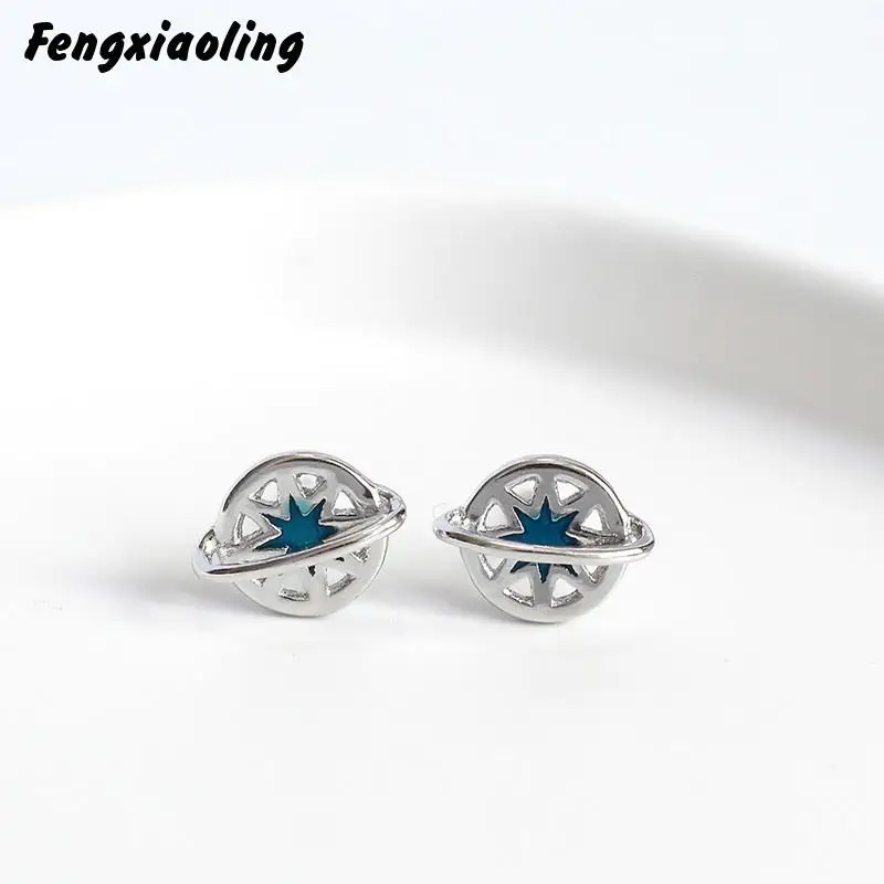 

Fengxiaoling 925 Sterling Silver Personality Magical Dream Blue Universe Planet Stud Earrings For Women Freshness Beauty Jewelry