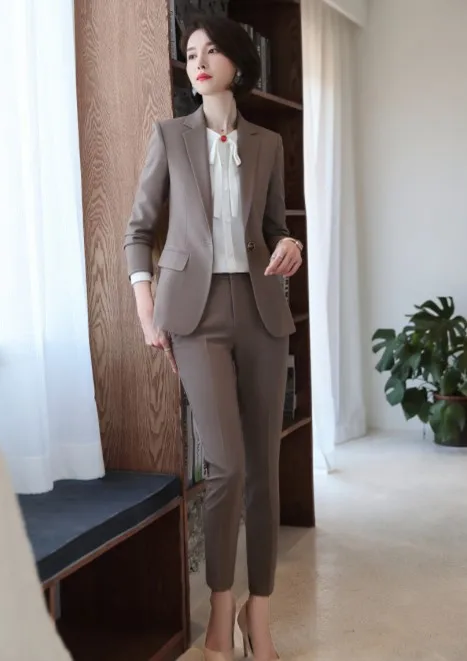 Khaki coat and pants Профессиональные женские серые брюки костюмы Зима Новая мода темперамент Тонкий Блейзер и брюки Офисная Женская рабочая одежда - Цвет: Khaki coat and pants