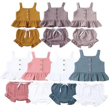 

Baby Kids Summer Clothing Sets Infant Newborn Baby Girls Sleeveless Sling Vest Tops+Ruffles Shorts Cotton Linen Outfit Clothes