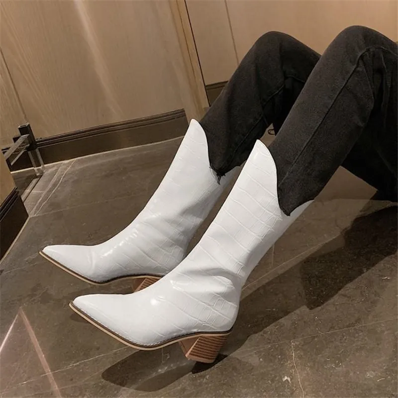 Pointed Toe Dress Women Boots Plaid Leather Thigh High Boots Stylish Med Heels Size 43 Ladies Botas Mujer Brand Military Boots