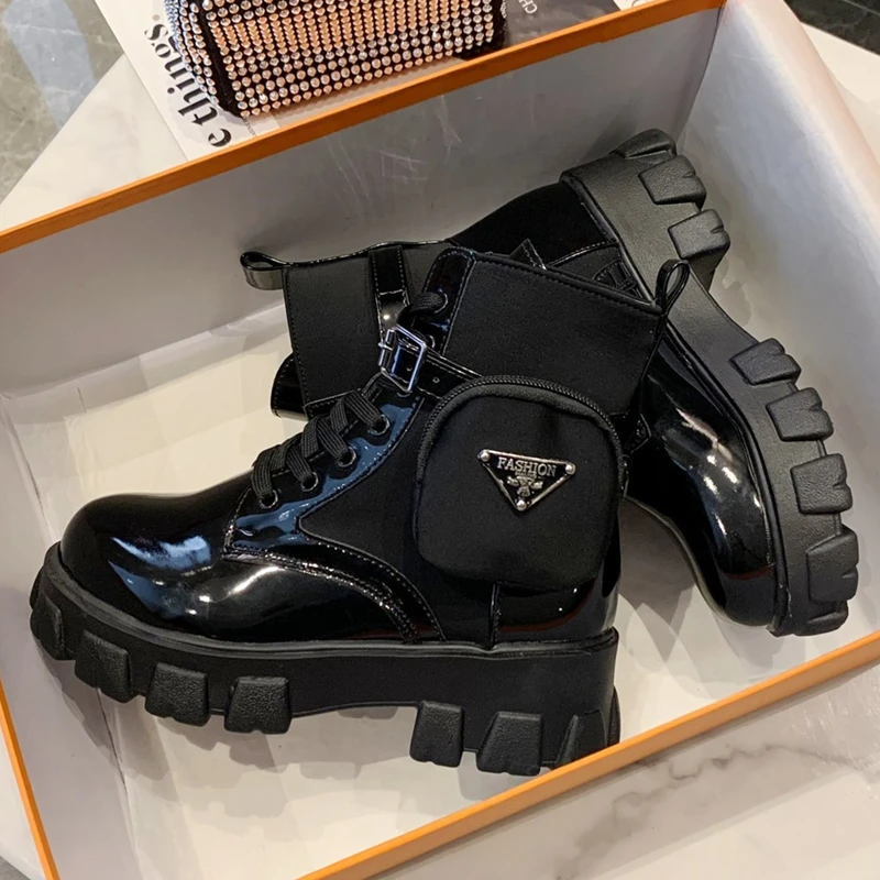 Botas de cuero de suela gruesa para mujer, botines informales con cordones, para otoño e invierno, 2020
