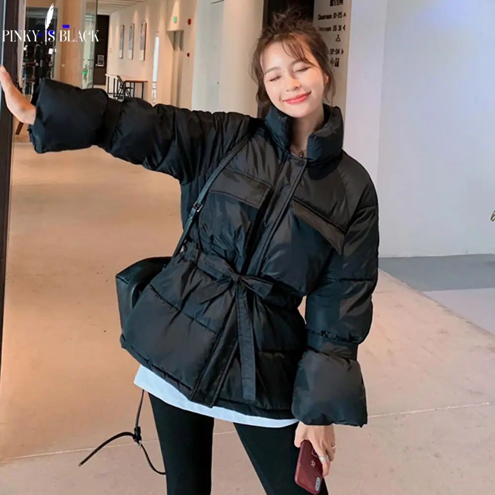 

PinkyIsBlack Winter Jacket Women Coat 2019 Short Parkas For Women 4 Colors Wadded Jackets Warm Flare Sleeve Outwear With Belt