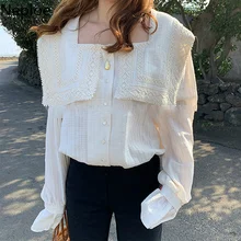 Neploe Spring Shirt Blouse Square-Collar Lace Long-Sleeve Loose White Holiday Puff 47233