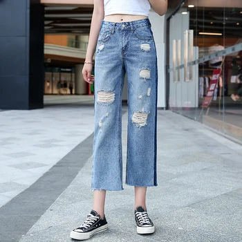 

Ripped Jeans For Women High Waist Loose Plus Size Streetwear Side contrast Ankle-length Femme Denim Straight Pants