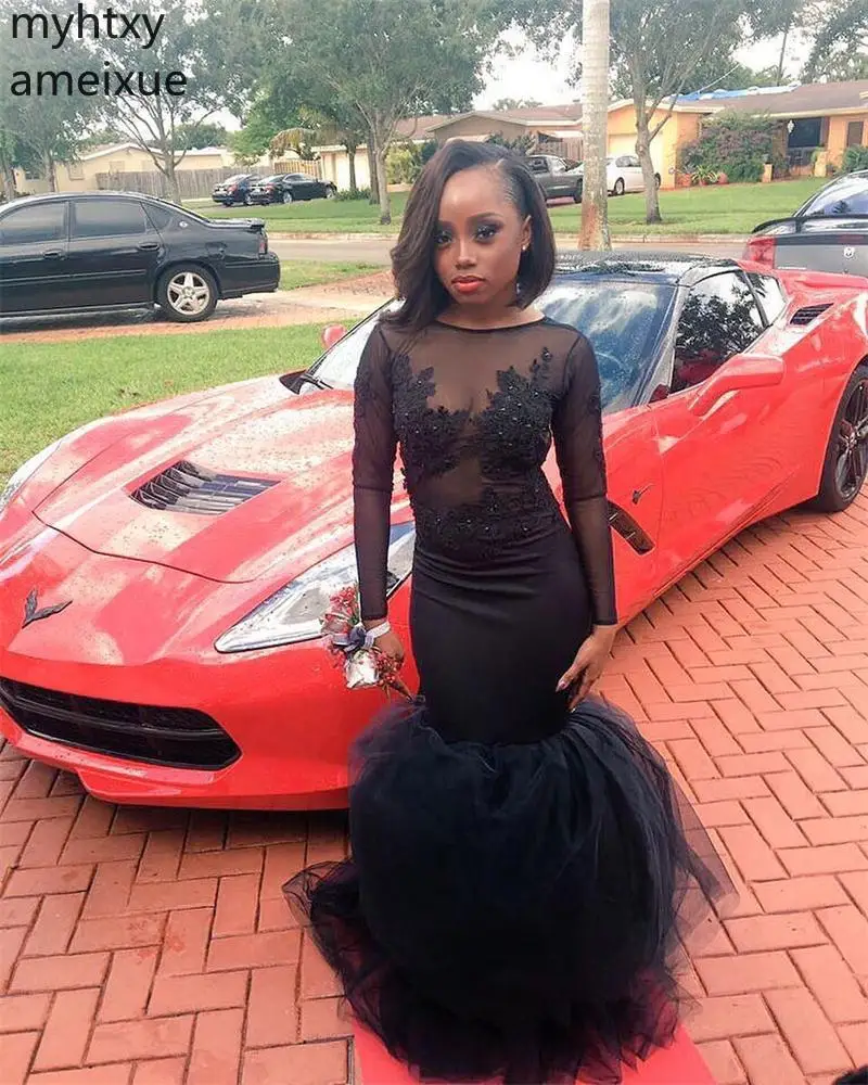 2021 New See Through Black Tulle Girl Prom Dress Sexy Mermaid Cheap African Long Evening Party Gown Plus Size Custom | Свадьбы и