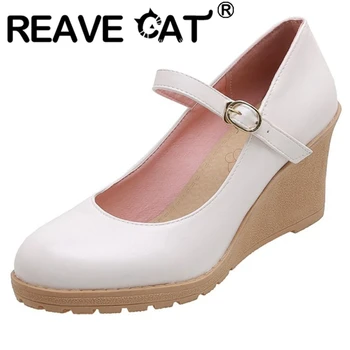 

REAVE CAT Woman Novelty Spring Autumn Pumps Round Toe 7cm Wedges Belt Buckle Platforms Large size 34-43 Leisure Party S1894