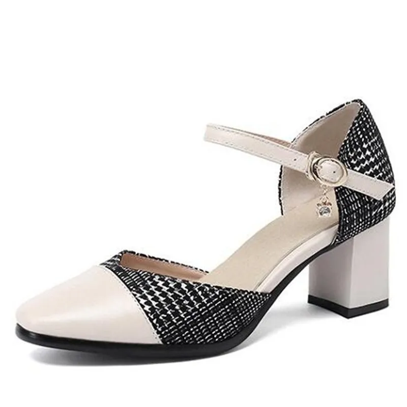 

2022 New Mixed Color Genuine Leather Sandals Summer Fashion Sandals Elegant Charm High Heel Sandals Work Banquet Women Sandals