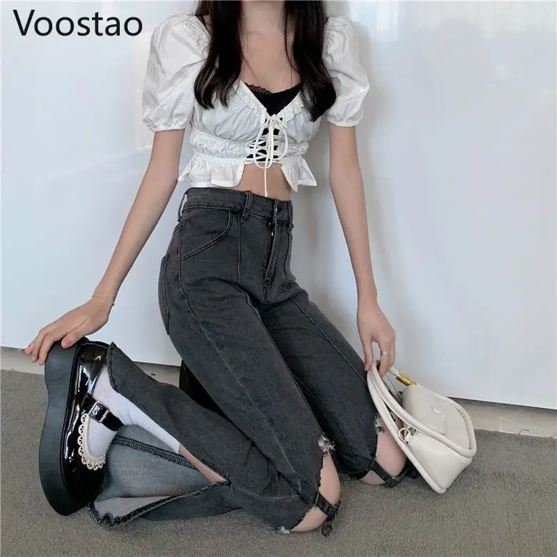 Gothic High Waist Denim Pants Vintage Women Chic Broken Hole Slim Punk  Flare Pants Female Harajuku Y2k Jeans Cute Split Trousers - Pants & Capris  - AliExpress