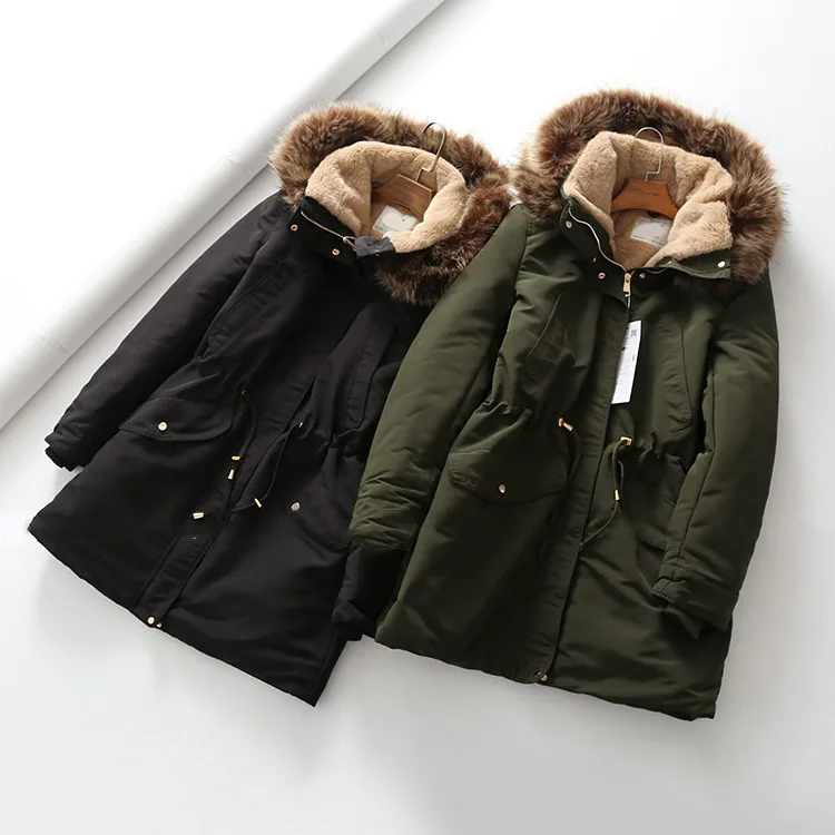 

PN29 Winter New ~ Loose-Fit Thick plus Velvet Drawstring Waist Hugging Mid-length Large Fur Collar Hooded Cotton Overcoat Women'