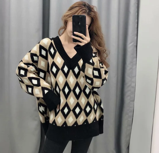ZA Модный повседневный геометрический свитер, пуловеры, женская одежда, модный свободный свитер с v-образным вырезом и длинным рукавом, женская осенняя одежда