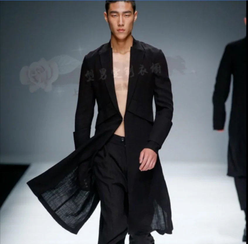 S~ 6XL! Настраиваемая Новая мужская одежда модная подиумная хлопковая и льняная длинная свободная одежда для ночного клуба молодежное весеннее и летнее пальто