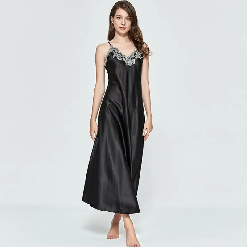 Women Oversize Satin V-Neck Long Nightdress Silk Lace Sexy Lingerie Nightgown Sleepwear Robe Dress Babydoll Underwear women lingerie women lingerie set women nightgowns women nightdresses women pajamas sleeping dress