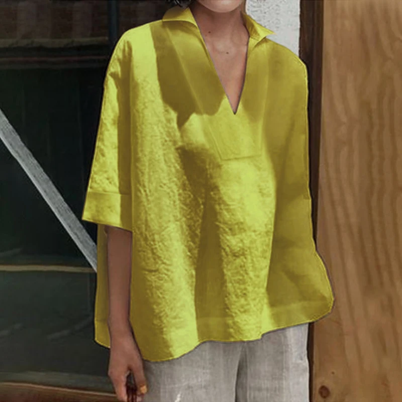 ZANZEA Kaftan Повседневная Туника с v-образным вырезом Женская Летняя Блузка модные рубашки с рукавом 3/4 Женские однотонные блузки для работы плюс размер туника